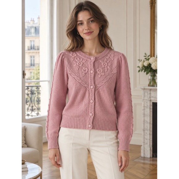Joie Sweaters - Joie Pink Floral Embroidered Cable Knit Button Front Cardigan Sweater Medium